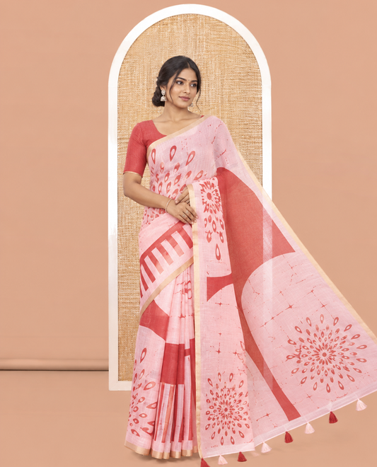 Borderless Rust Linen Cotton Saree, Geometric-Abstract Print and Contrast Blouse