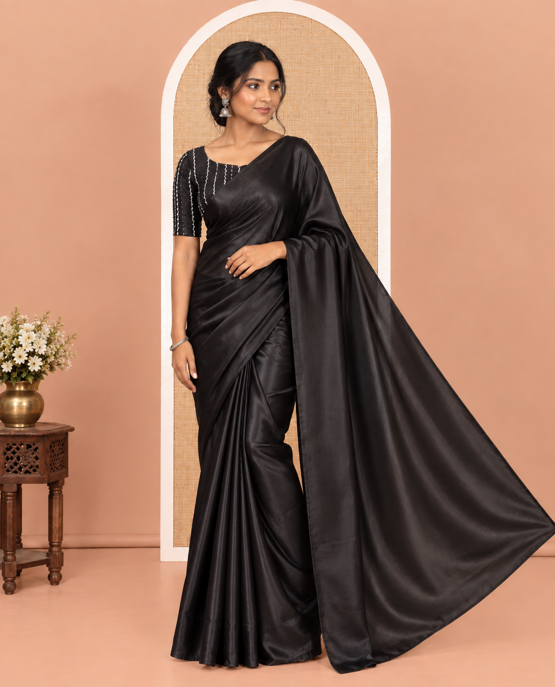 Borderless Black Plain Crushed Rangoli Chiffon Saree, Comes with a Matching Designer Blouse