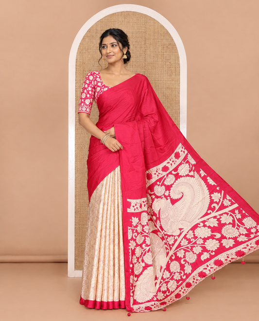 Chikku-rani pink half-and-half plain and kalamkari floral printed satin crepe saree, plain border, pallu of floral vine and peacock printed, and kalamkari floral printed blouse