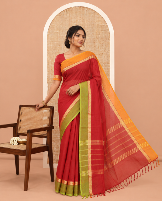 Maroon Plain Chettinad Cotton Saree with a Contrast Ganga-Jamuna Border, Striped Pallu, and a Matching Blouse