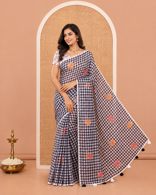 Grey Linen Cotton Saree, Adorned with Checks and a Floral Print, Lace Border, a Self-Pallu, and a Contrast Blouse