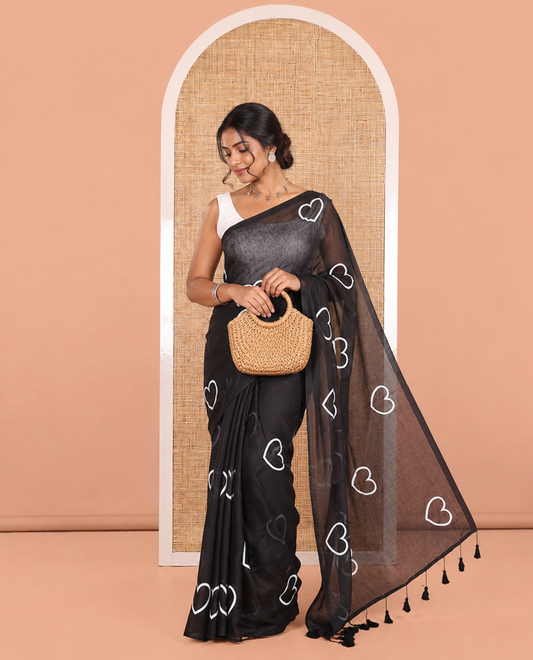 Borderless Black Khadi Mul Cotton Saree, Steeped with Heart Motifs Print, and No Blouse