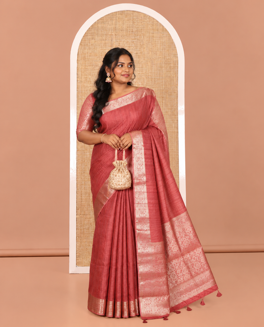 Brown Fancy Tussar Saree, Intricate Border, Grand Pallu, a Contrast Printed Blouse, Matching Brocade Blouse