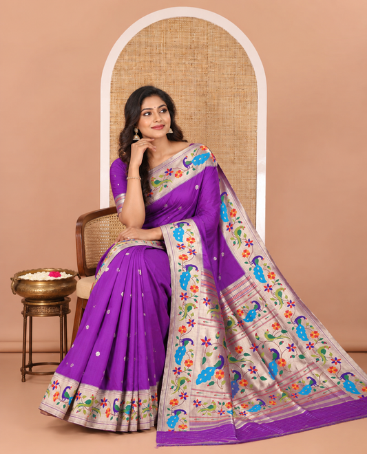 Lavender floral buttas art silk paithani saree, contrast floral creeper and peacock design border, pallu of peacock and floral vine, and a matching blouse
