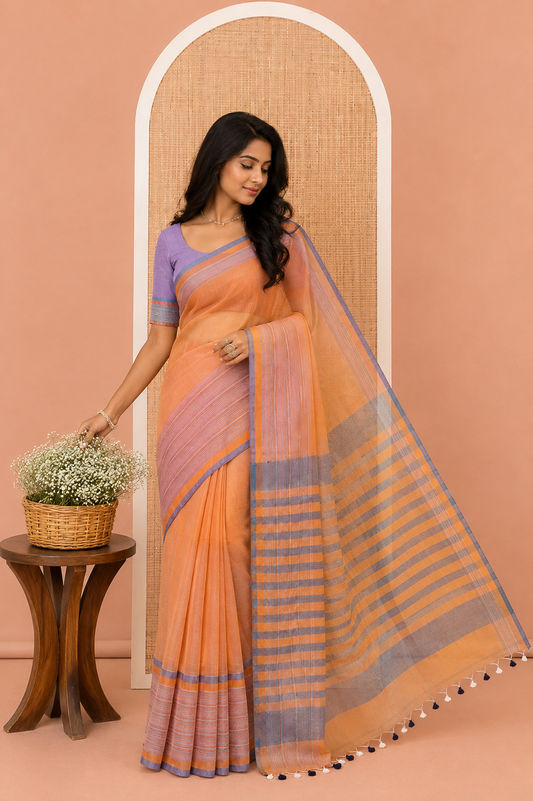 Orange Plain Khadi Cotton Saree, Contrast Satin Striped Border, Striped Pallu, and a Contrast Blouse