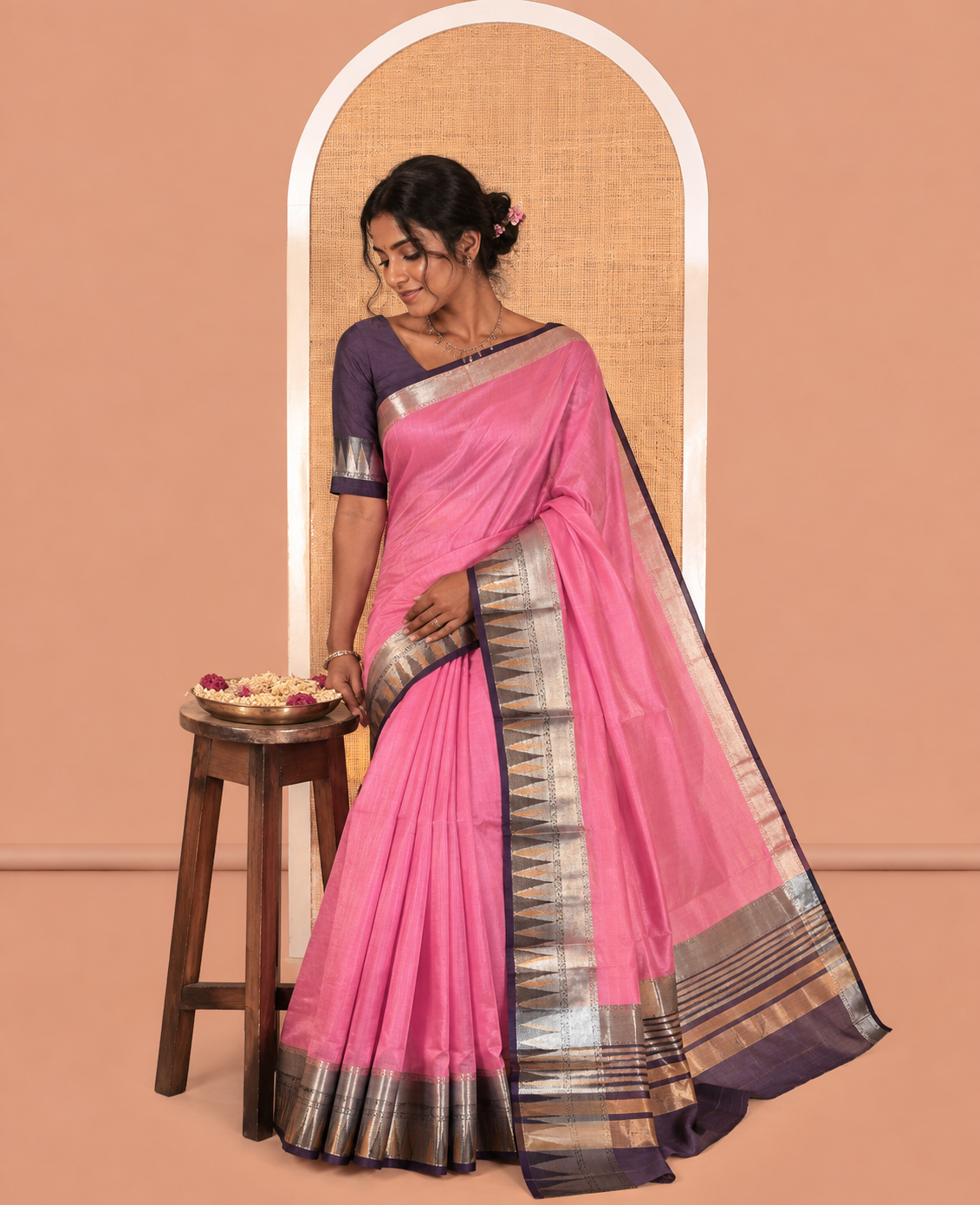 Pink Plain Semi-Tussar Saree, Contrast Traditional Temple Border, Striped Pallu, Contrast Blouse