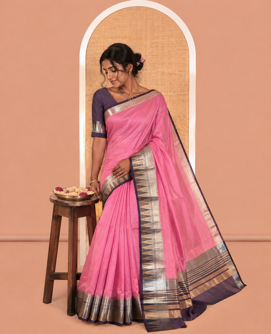 Pink Plain Semi-Tussar Saree, Contrast Traditional Temple Border, Striped Pallu, Contrast Blouse