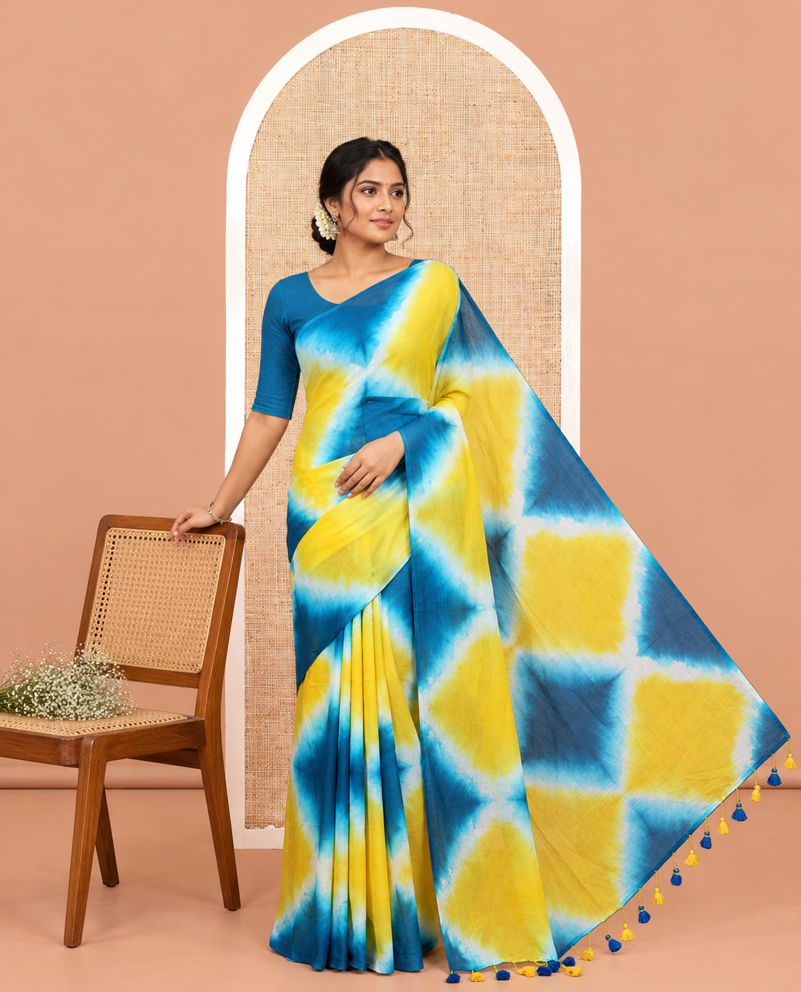 Borderless Blue-Yellow Diamond Shibori Printed Khadi Mul Cotton Saree, and No Blouse