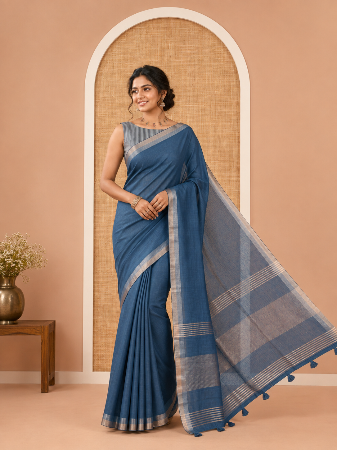 Blue Plain Linen Cotton Saree, a Subtle Zari Border, a Self-Pallu, and Matching Blouse
