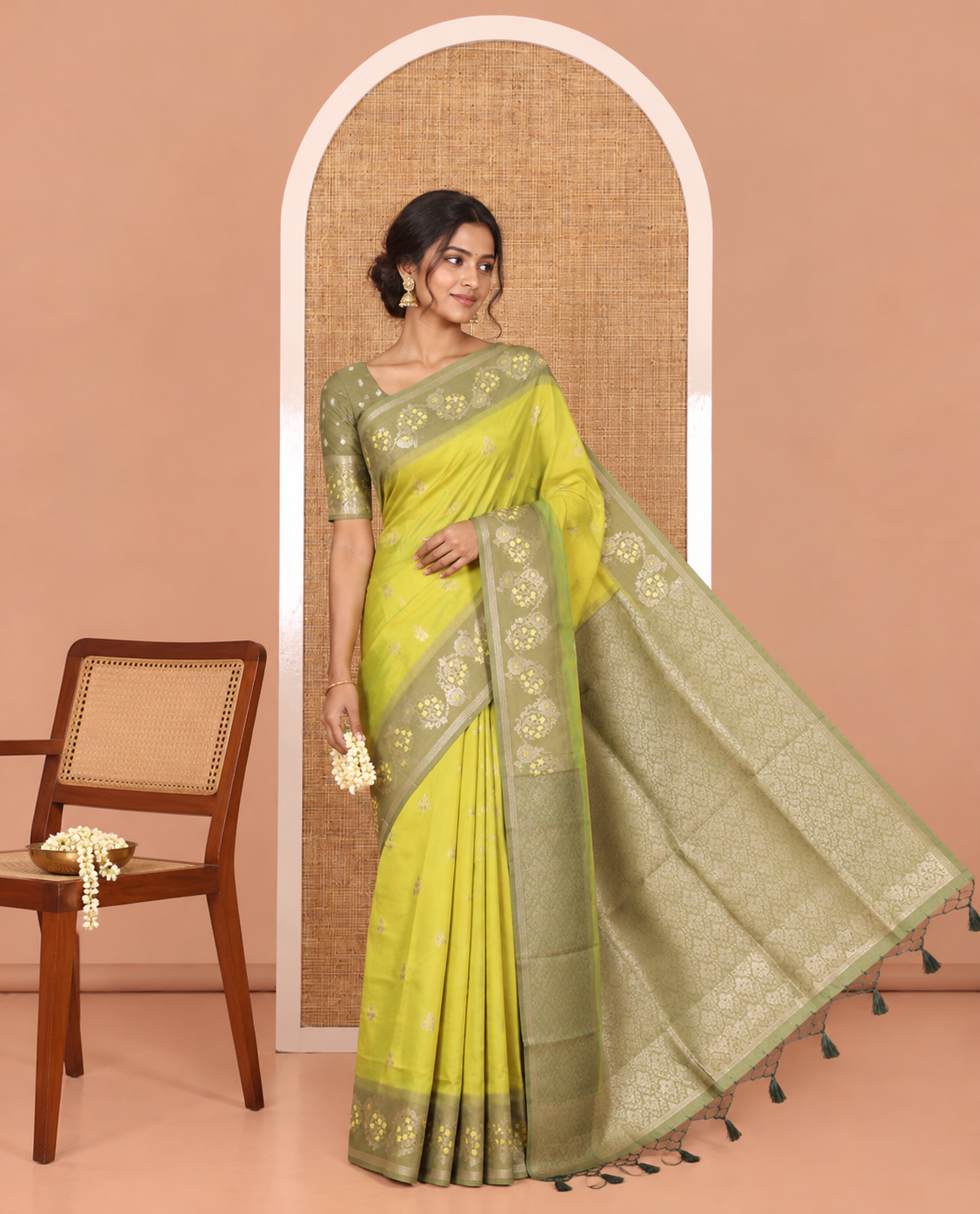 Green Elite Soft Silk Saree, Beautified with Zari Buttas, Complemented by Contrast Meenakari Floral Creeper Border, Intricate Pallu, and a Contrast Blouse