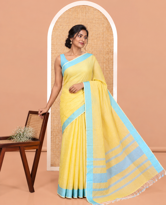 Yellow Striped Chettinad Cotton Saree, a Traditional Thread Border, and a Contrast Blouse
