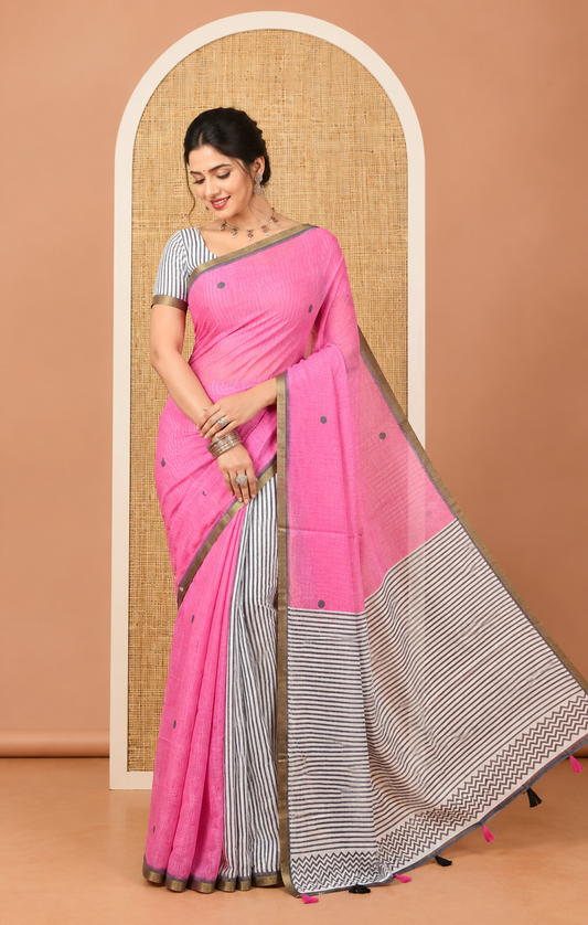 Pink Linen Cotton Saree, Adorned with Half-And-Half-Style Polka Dots, a Subtle Piping Border, Contrast Vertically Striped Pallu, and a Contrast Blouse