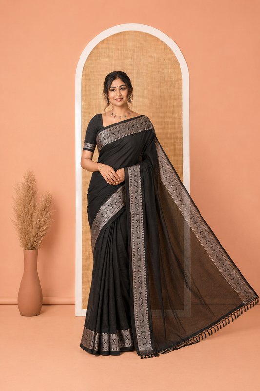 Black Plain Vichitra Silk Saree, Subtle Traditional Motifs Woven Border, Plain Pallu, and Paired with a Matching Blouse