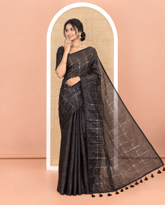 Borderless black sequins embroidered checked khadi tissue saree, self-pallu, and a plain matching blouse