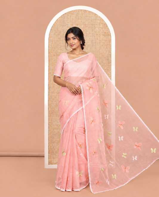 Pastel Pink Kota Doria Saree, Delicately Woven with Butterfly Buttas, a Lace Border, a Matching Blouse