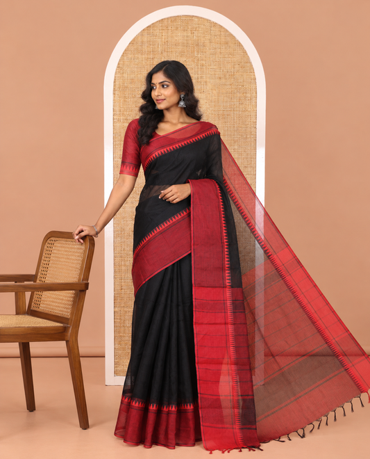 Black Kota Chex Saree with Sparse Checks, Complemented by a Contrast Temple Border, Striped Pallu, and a Contrast Blouse