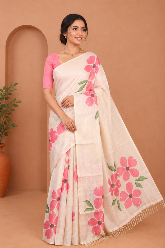 Borderless Cream-Pink Tissue Saree Features Floral Print, a Floral Printed Pallu, and a Contrast Blouse
