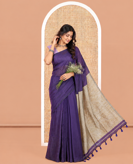 Borderless Violet Plain Khadi Cotton Saree, Jute Pallu, and No Blouse