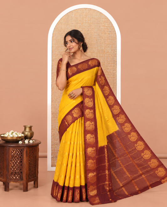 Mustard Peacock Buttas Sungudi Cotton Saree, Contrast Checked Peacock Border, Contrast Blouse