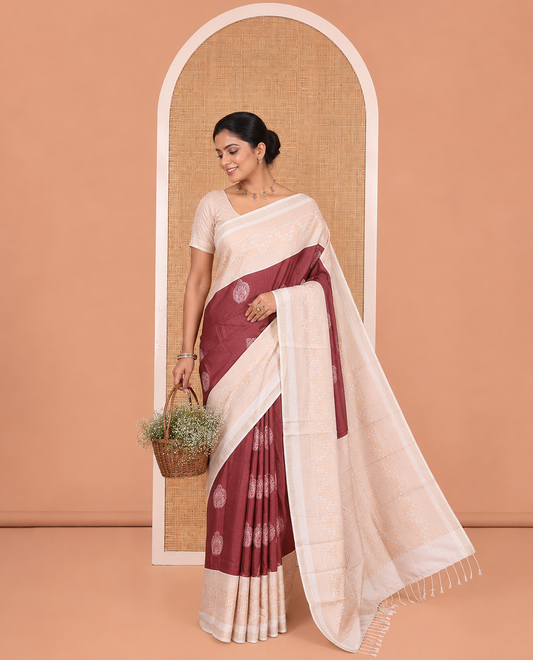 Maroon Katan Silk Saree, Detailed with Buttas, Complemented by Contrast Traditional Design Border, Geometric-Patterned Pallu, and a Contrast Blouse