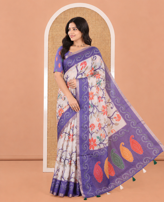 Violet Linen Cotton Saree Features Floral Vine Print, a Contrast Border, Paisley-Printed Pallu, and a Contrast Blouse