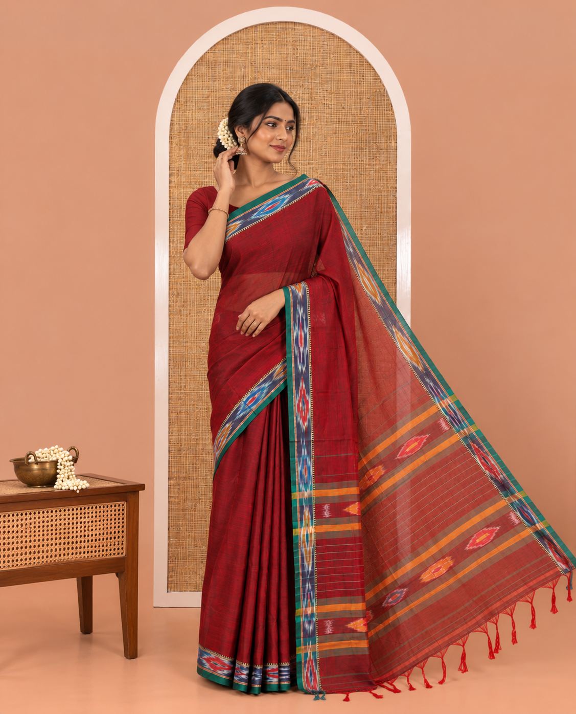 Maroon Plain Mercerised Cotton Saree, a Contrast Ikat Border, an Ikat Weave Pallu, and a Matching Blouse