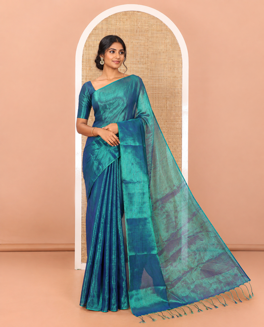 Borderless peacock green plain khadi tissue saree self pallu with tassels  and a matching blouse