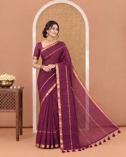 Violet Plain Khadi Mul Cotton Saree, Subtly Sparkled with Zari Border, Self-Pallu, and Paired with a Matching Blouse