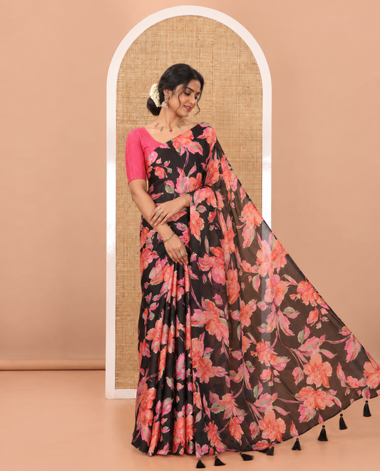 Borderless black-pink color floral printed fendy chiffon saree, contrast plain blouse