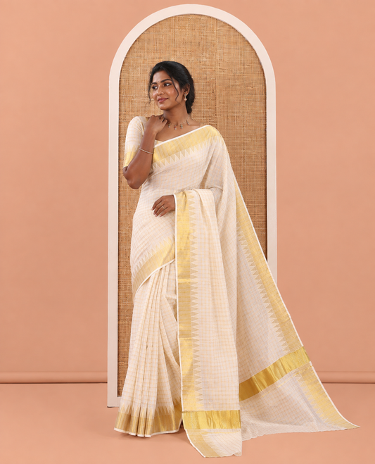 Cream Zari Checked Kerala Tissue Saree, Highlighted by a Zari Border, and a Matching Blouse