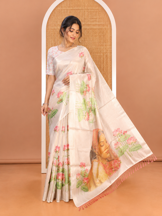 Borderless Gold Tissue Saree, Artfully Printed with Pichwai Lotus, Radha Krishna Printed Pallu, Matching Blouse