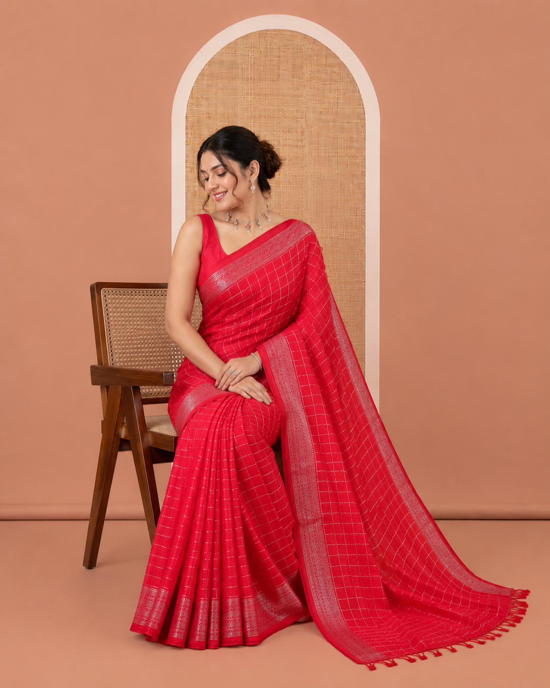 Cherry Red Vichitra Saree, Enthralled with Medium-Sized Checked Design on Its Body, Highlighted by a Traditional Design Border, Self-Pallu, and Comes Without a Blouse
