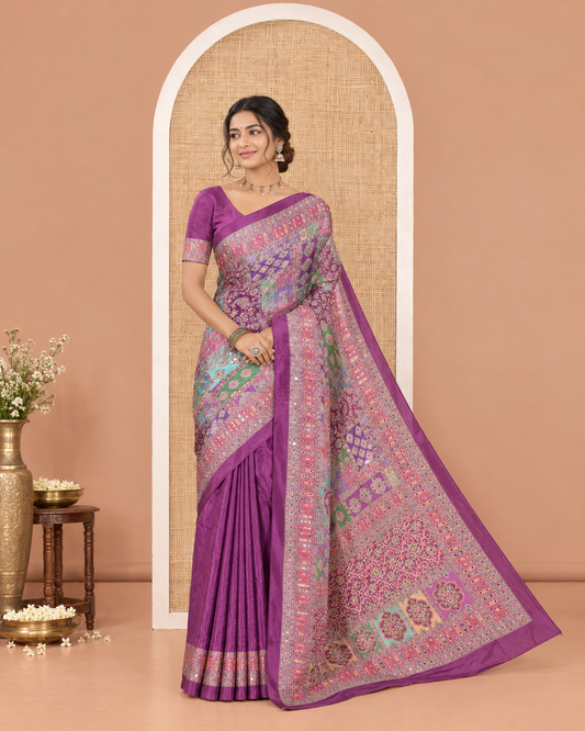 Purple Masakali Saree, Opulently Embellished with Kaleidoscopic-Colored Intricate Motifs Print, and Mirror Work All Over Its Body, Printed Border, Intricately Printed Pallu, and Paired with a Matching Blouse