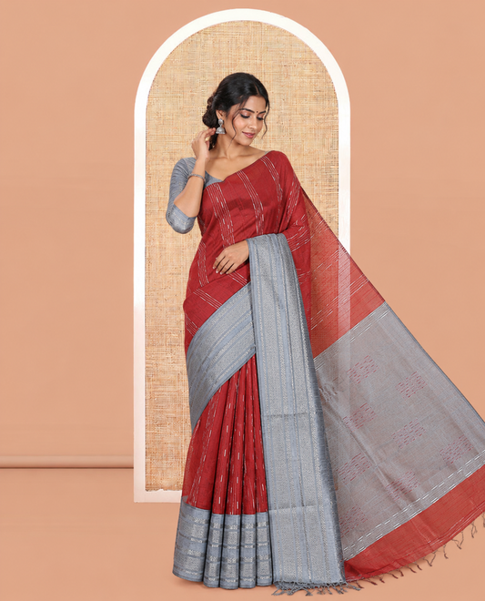 Maroon Semi-Raw Silk Saree, Subtly Woven with Thread Stripes, a Contrast Traditional Zari Border, Contrast Pallu, and a Contrast Blouse