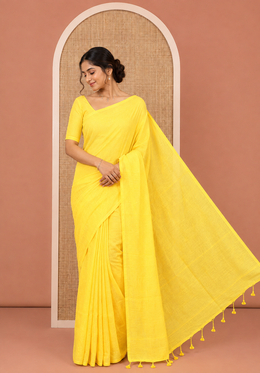 Borderless Yellow Plain Khadi Cotton Saree, a Self-Pallu with Tassels, and a Matching Blouse