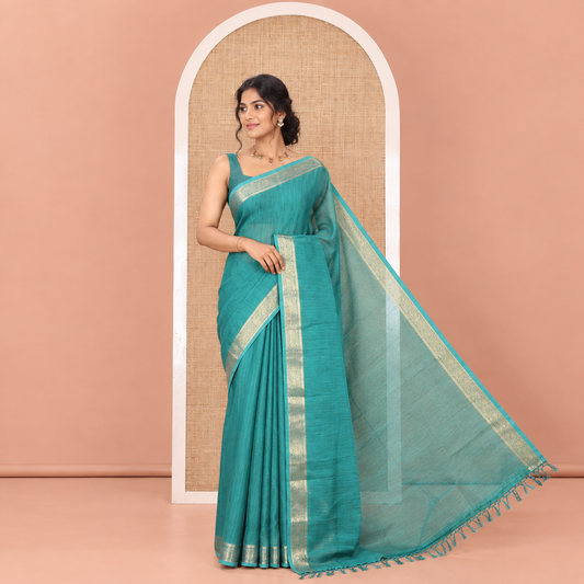 Rama Plain Moss Chiffon Saree, Highlighted by a Zari Border of Paisley Designs, a Self-Pallu, and Has No Blouse