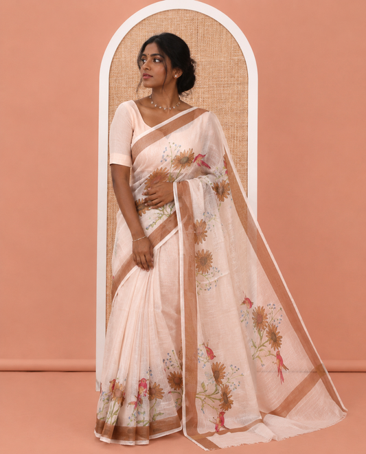 Chikku Kota Doria Saree, Adorned with a Floral-Bird Hand-Brush Painting-Style Print, a Contrast Border, and a Matching Blouse