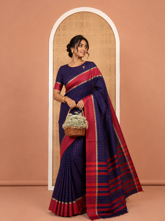 Royal Blue Checked Mercerised Cotton Saree, Contrast Temple Ara Maadam Border, Striped Pallu, and Matching Blouse