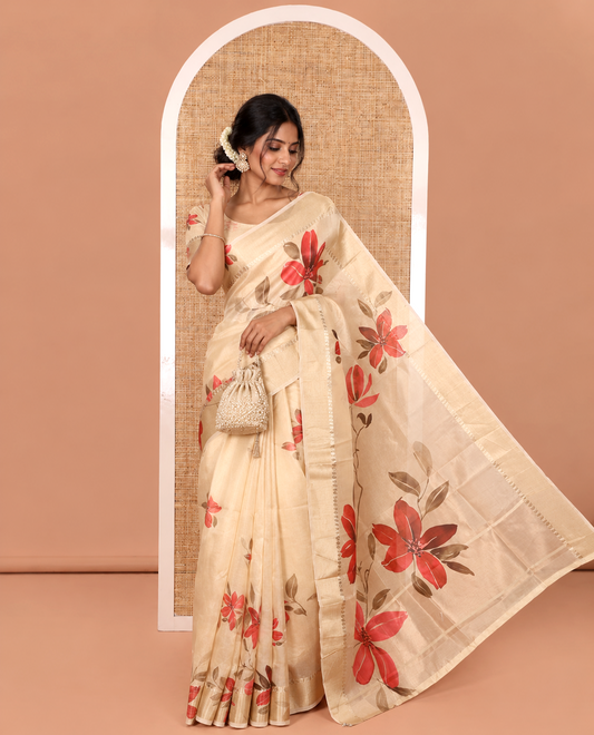 Gold Tissue Saree, Vibrantly Printed with Floral Designs All Over Its Body, Subtle Zari Border, Pallu of the Same Floral Print, and Paired with a Matching Printed Blouse