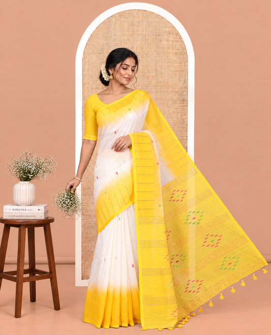 Cream-Yellow Khadi Cotton Saree, Subtly Woven with Buttas, Contrast Sequins Striped Blouse, Contrast Blouse