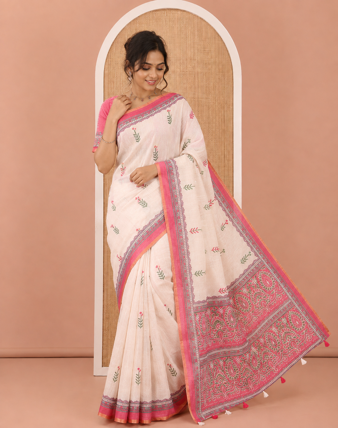 Cream-Pink Linen Cotton Saree Features Floral Buttas, Contrast Printed Border, Intricate Pallu, and a Contrast Blouse