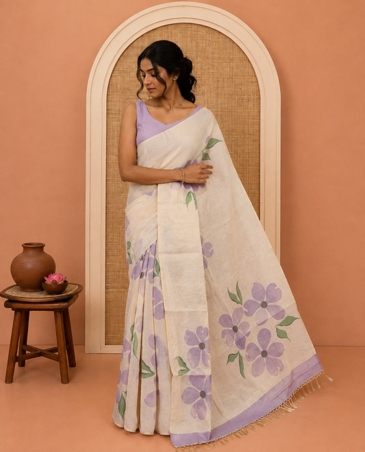 Borderless Cream-Lavender Tissue Saree Features Floral Print, a Floral Printed Pallu, and a Contrast Blouse