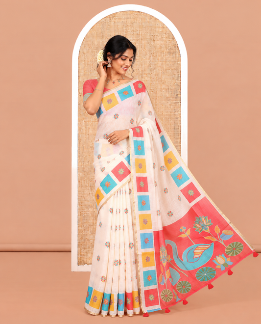 Cream-Red Linen Cotton Saree