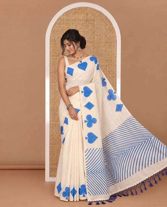 Cream-blue plain Kerala cotton saree, contrast color cards-theme printed border of Diamonds, Clubs, and Spades, leheriya-striped pallu, and plain blouse