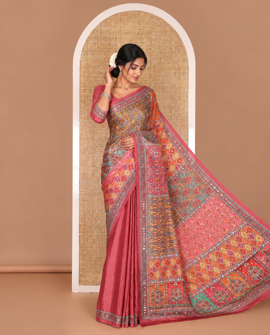 Red kaleidoscopic colored checks printed with mirrorwork masakali saree, printed border, print with mirror work pallu, and a matching blouse