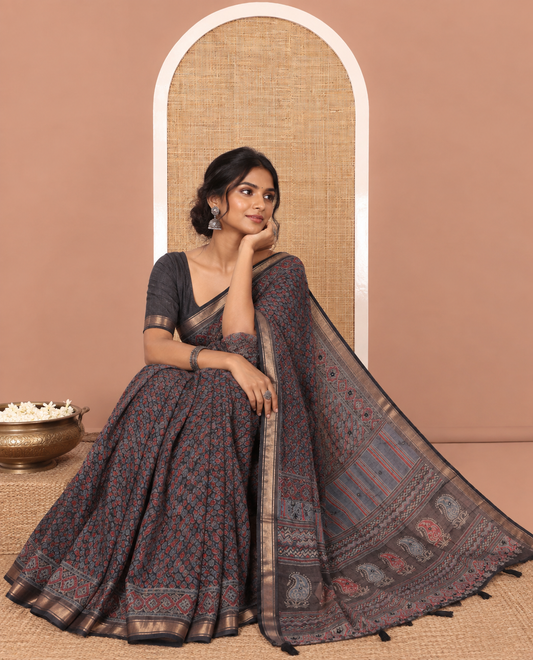 Grey Chanderi Cotton Saree, Elevated with Intricate Bagru Print and Mirror Work on Its Body, a Subtle Printed Border, Pallu of Paisleys Block Print, and Has a Plain Blouse