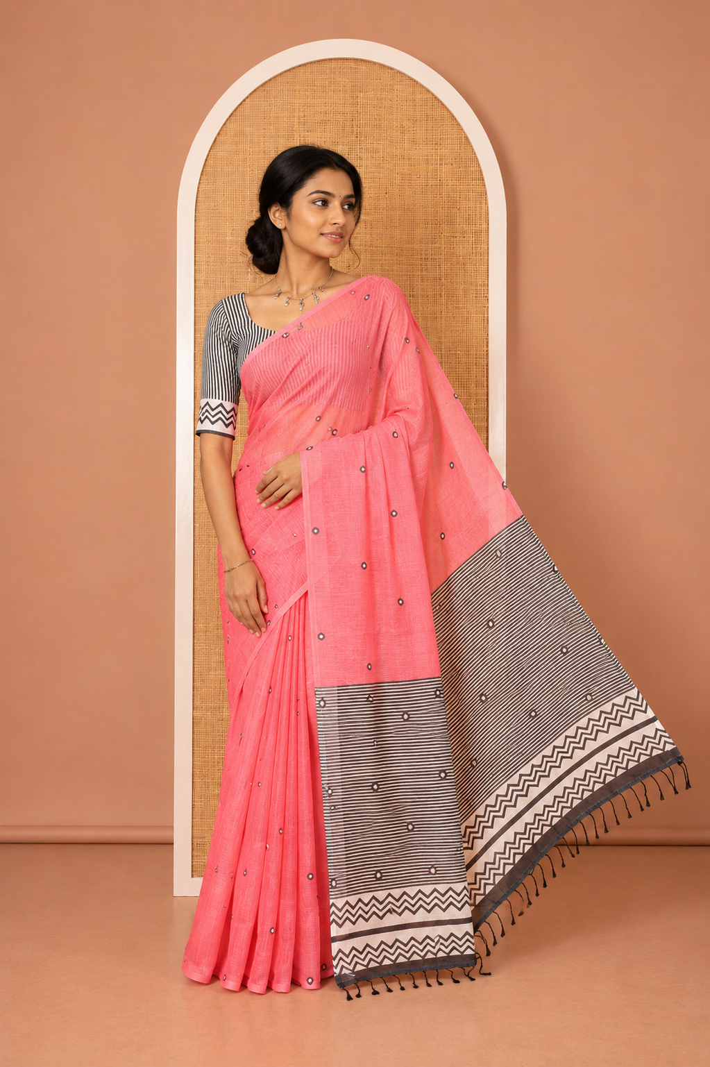 Borderless Pink Linen Cotton Saree, Adorned with Polka Dot Print, Contrast Geometric Printed Pallu, and Paired with a Contrast Blouse