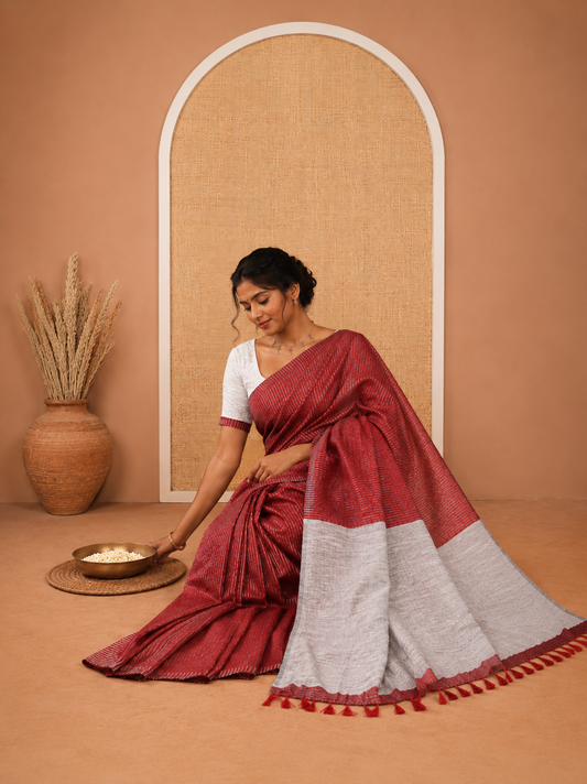 Borderless Red Zari Striped Khadi Cotton Saree, Contrast Pallu, and No Blouse