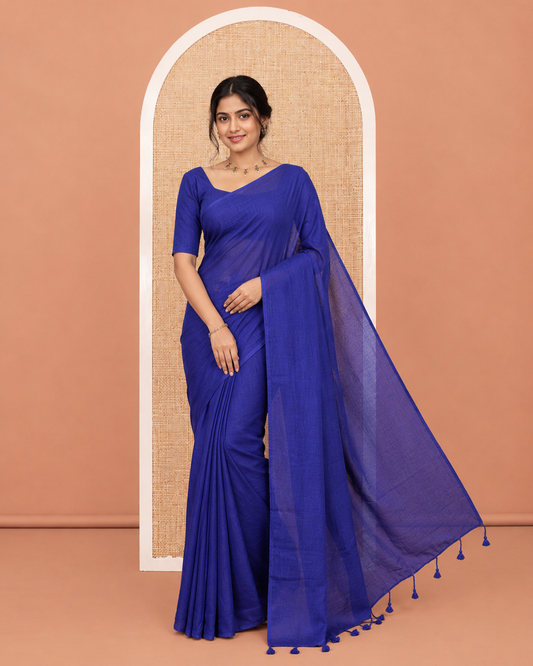 Borderless Royal Blue Plain Khadi Cotton Saree, a Self-Pallu with Tassels, and a Matching Blouse