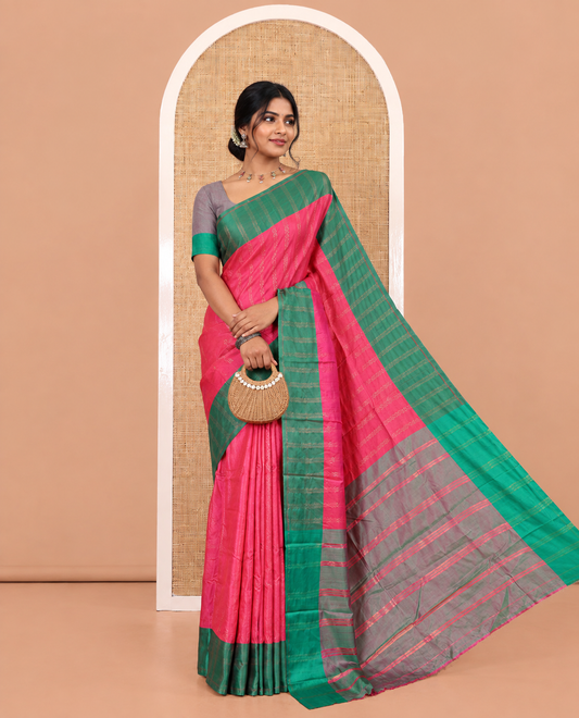 Rani Pink Soft Silk Saree, Enriched with Chevron Stripes on Its Body, Complemented by a Contrast Chevron Striped Border, Striped Pallu, and Paired with a Contrast Blouse